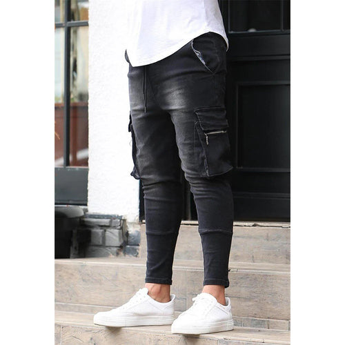 Fashion Streetwear Ripped Skinny Jeans Men Side Mulit Pockets Denim