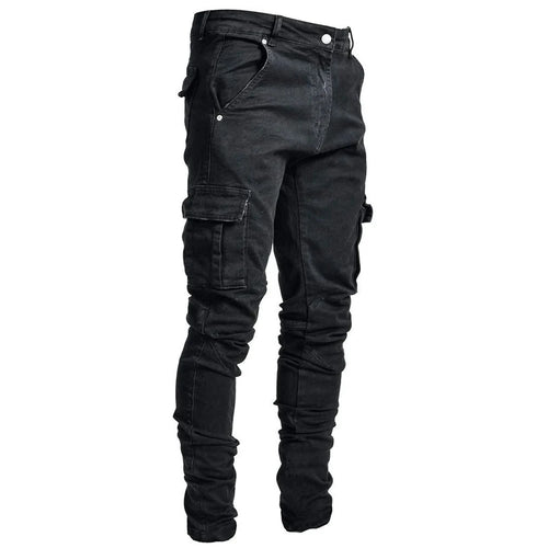 Fashion Streetwear Ripped Skinny Jeans Men Side Mulit Pockets Denim